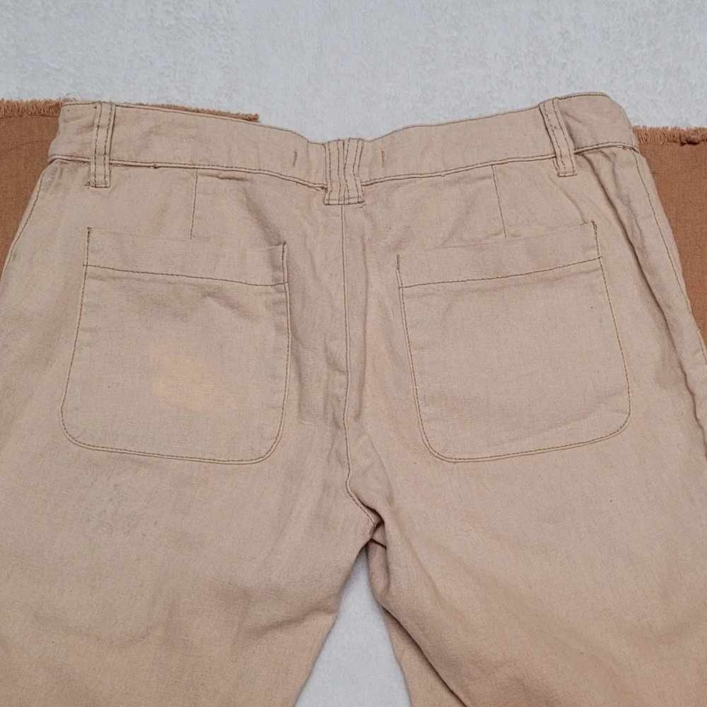 Rare Free People Beige Tan Ombre Linen Low Rise Raw Cut Bell Bottom Jeans